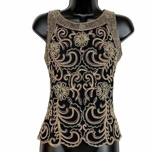 VINTAGE JKARA NEW YORK BLACK HALTER NECK TOP GOLD & PEARL BEADS RETRO GLAM SZ S